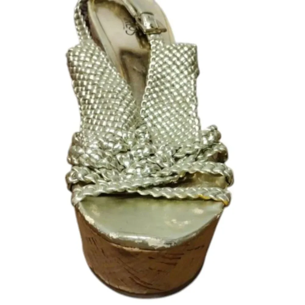Carlos Santana Gold Woven Cork Platform Wedges 8.5M!